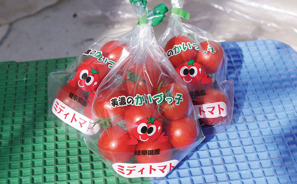 美濃のかいづっ子として袋詰めで販売されている中玉トマト