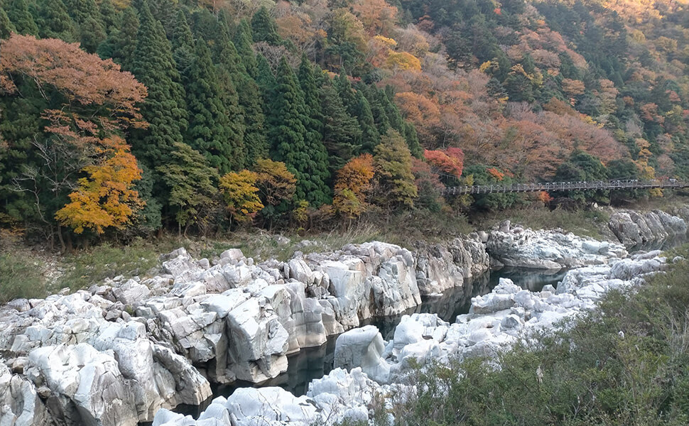 岐阜県下呂市の中山七里の奇岩と紅葉