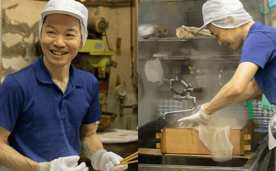 男性が、和菓子用の串をもっている写真と、和菓子製造中の写真