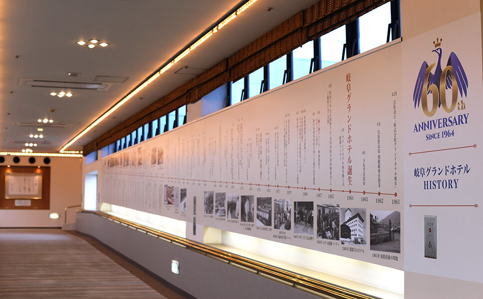岐阜グランドホテルの廊下に掲示されている60年間の年表