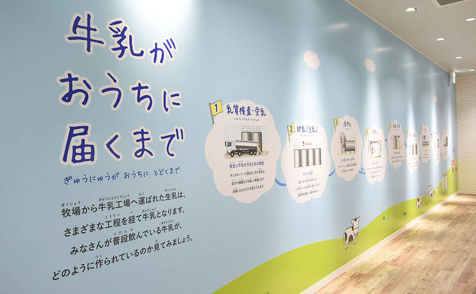 もとす工場の見学用通路の壁には牛乳の製造過程がイラスト入りで説明されている。