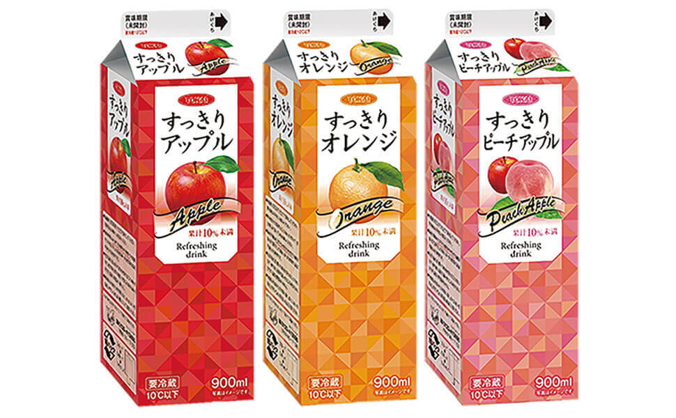 果汁10%未満の程よい果実感が飲みやすく、価格もちょうどいい!すっきりシリーズ(アップル/オレンジ/ピーチアップル )